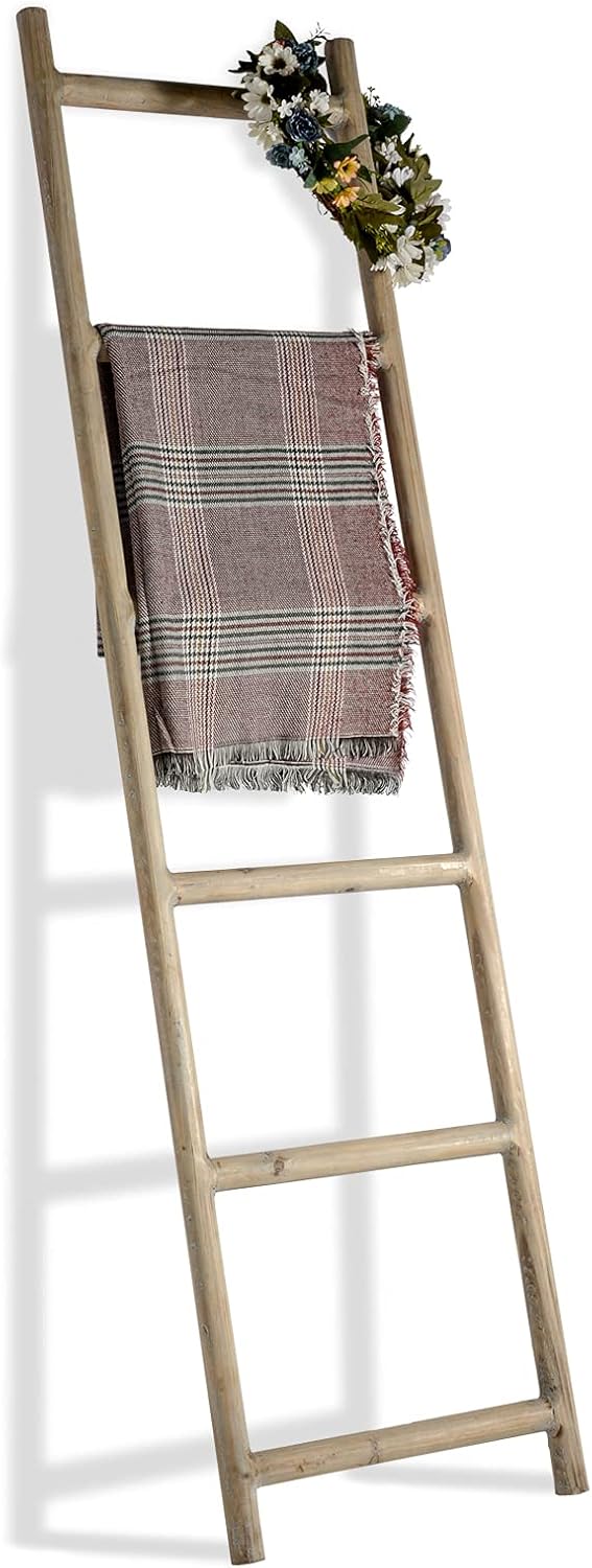 FUIN Fully Assembled 5ft Wood Blanket Ladder Living Room Decorative Wall Leaning Farmhouse Quilt Display Holder Rustic Wooden Towel Rack for Bathroom, Natural & Graywashed