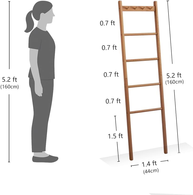 Beech Wood Blanket Ladder, 5.3ft Natural Farmhouse Quilt Holder with Top Hooks, 4-Bar Decorative Throw Rack, Towel Shelf for Living Room, Bedroom, Small Space Storage (Natural)