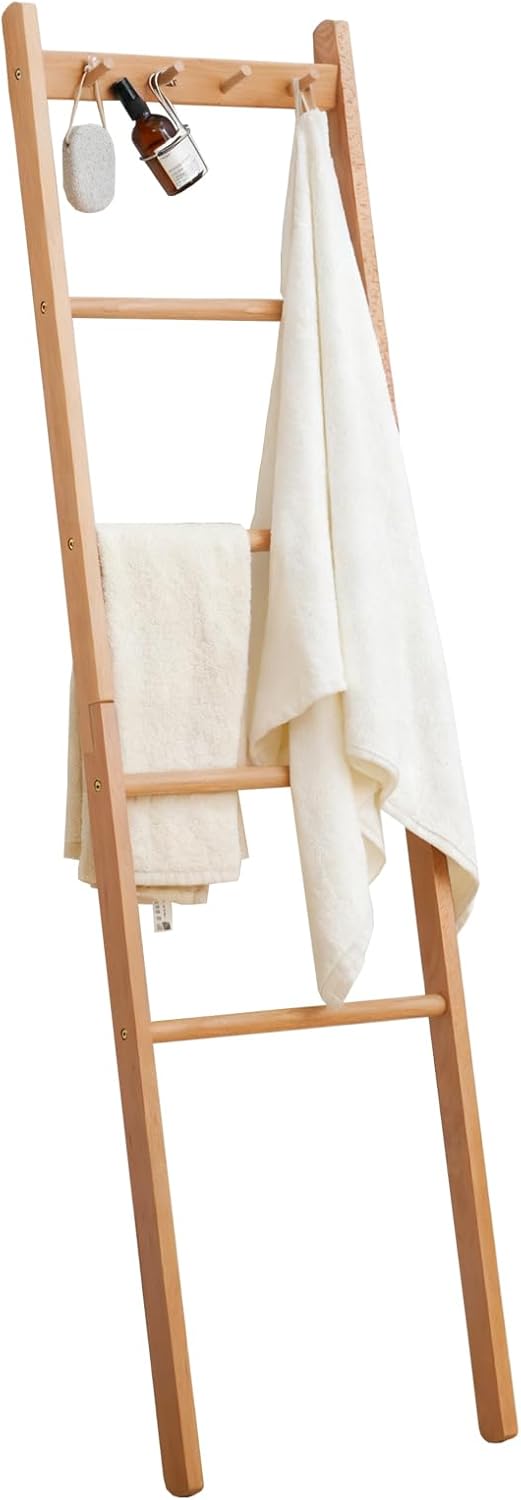 Beech Wood Blanket Ladder, 5.3ft Natural Farmhouse Quilt Holder with Top Hooks, 4-Bar Decorative Throw Rack, Towel Shelf for Living Room, Bedroom, Small Space Storage (Natural)