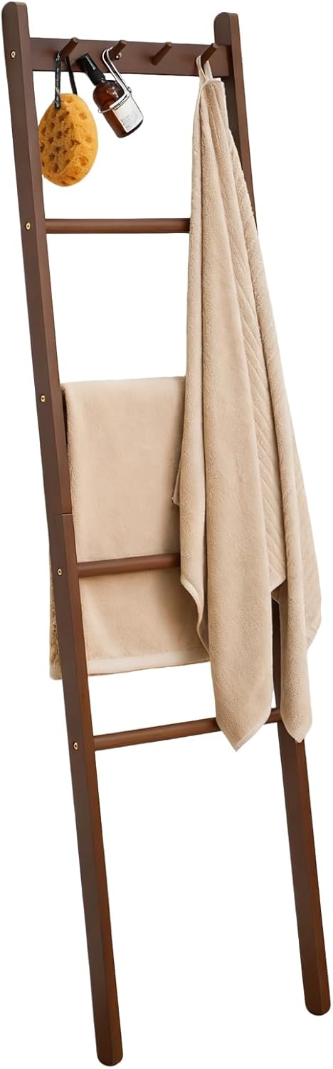 Beech Wood Blanket Ladder, 5.3ft Natural Farmhouse Quilt Holder with Top Hooks, 4-Bar Decorative Throw Rack, Towel Shelf for Living Room, Bedroom, Small Space Storage (Natural)