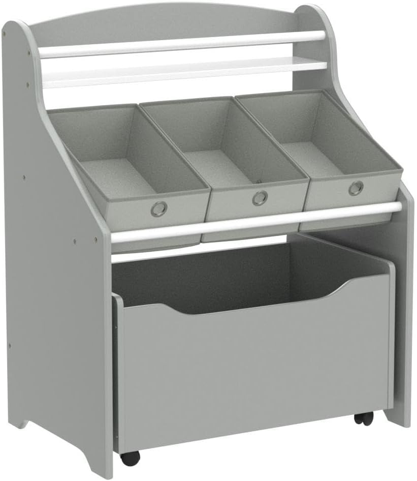 Humble Crew 3-in-1 Kids Bookshelf and Toy Storage Organizer, Grey - Toddler Organizers with Rolling Toy Box and 3 Fabric Bins – Sturdy Baby Book Shelf, Perfect for Nursery and Playroom