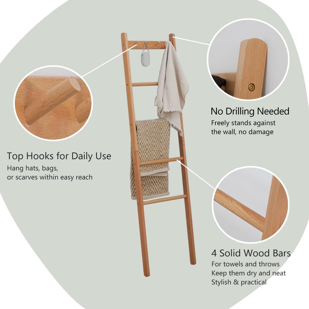 Beech Wood Blanket Ladder, 5.3ft Natural Farmhouse Quilt Holder with Top Hooks, 4-Bar Decorative Throw Rack, Towel Shelf for Living Room, Bedroom, Small Space Storage (Natural)