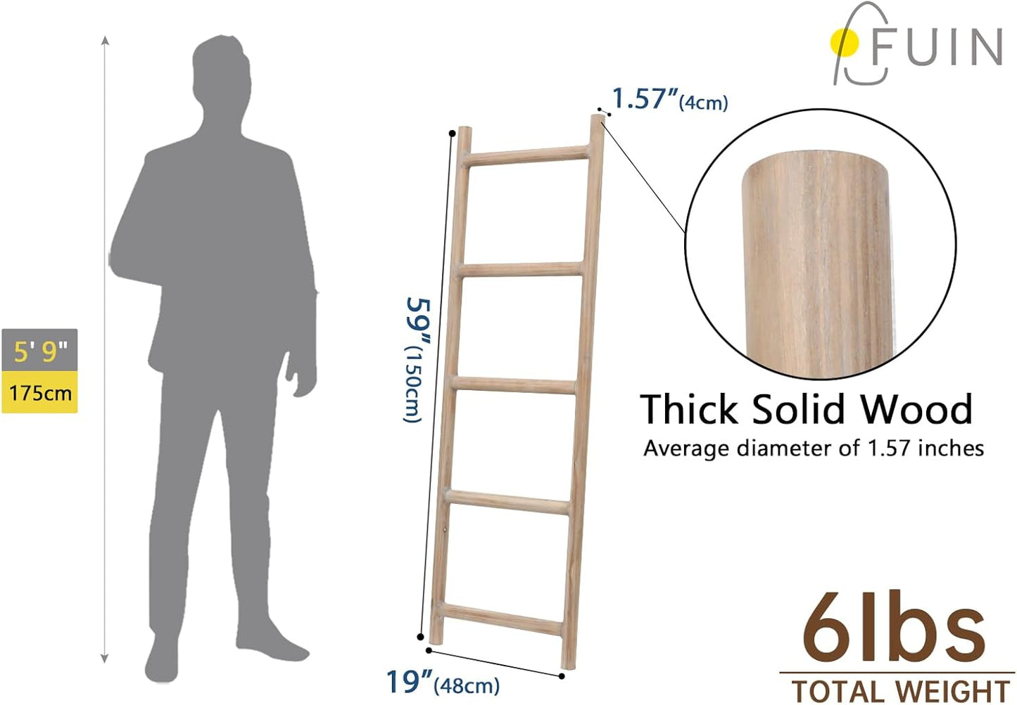 FUIN Fully Assembled 5ft Wood Blanket Ladder Living Room Decorative Wall Leaning Farmhouse Quilt Display Holder Rustic Wooden Towel Rack for Bathroom, Natural & Graywashed