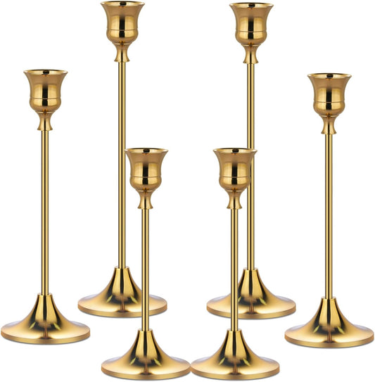 Metal Candle Holders for Candlesticks Taper Candlestick Holders Set Vintage Decorative Centerpiece Candelabra Tall Candle Stands (Gold, 2 Sets (6 pcs))