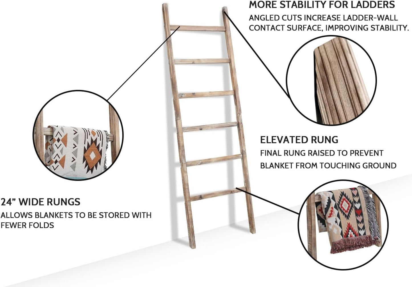 FUIN 6.4ft Extra Wide Wooden Blanket Ladder Living Room Decorative Wal Leaning Farmhouse Quilt Display Holder Rustic Wood Towel Rack for Bathroom, Burnt Brown, 24 inch Wide