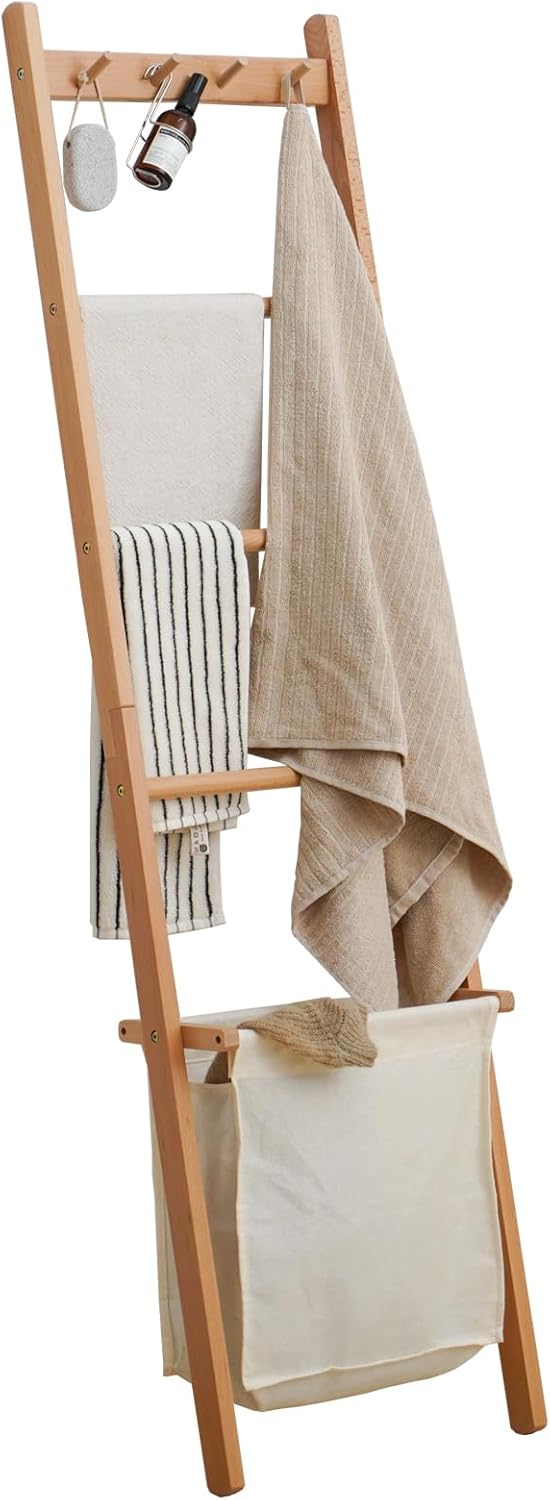 Beech Wood Blanket Ladder, 5.3ft Natural Farmhouse Quilt Holder with Top Hooks, 4-Bar Decorative Throw Rack, Towel Shelf for Living Room, Bedroom, Small Space Storage (Natural)