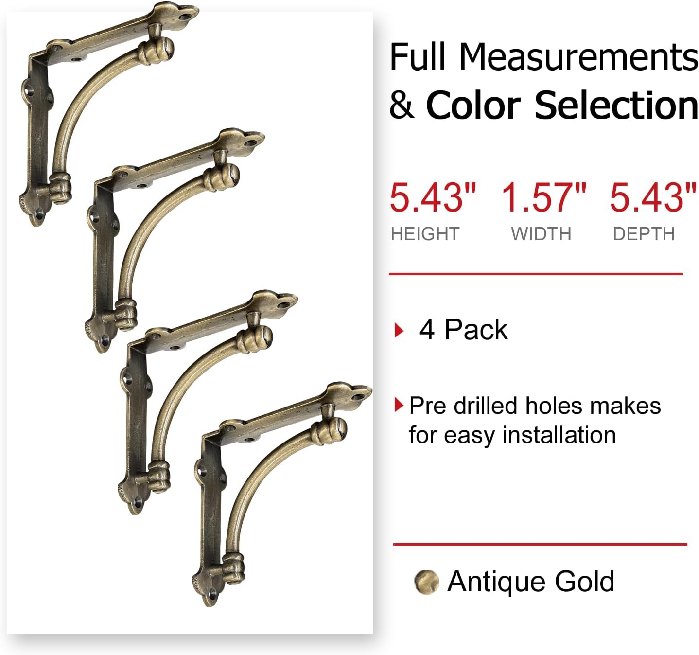 NACH Decorative Shelf Brackets, 4 Pack of 5.5 x 1.2 x 5.5 inch Gold Brackets - Cast Iron Shelf Brackets for Mounting - Half Round Style Decorative Brackets