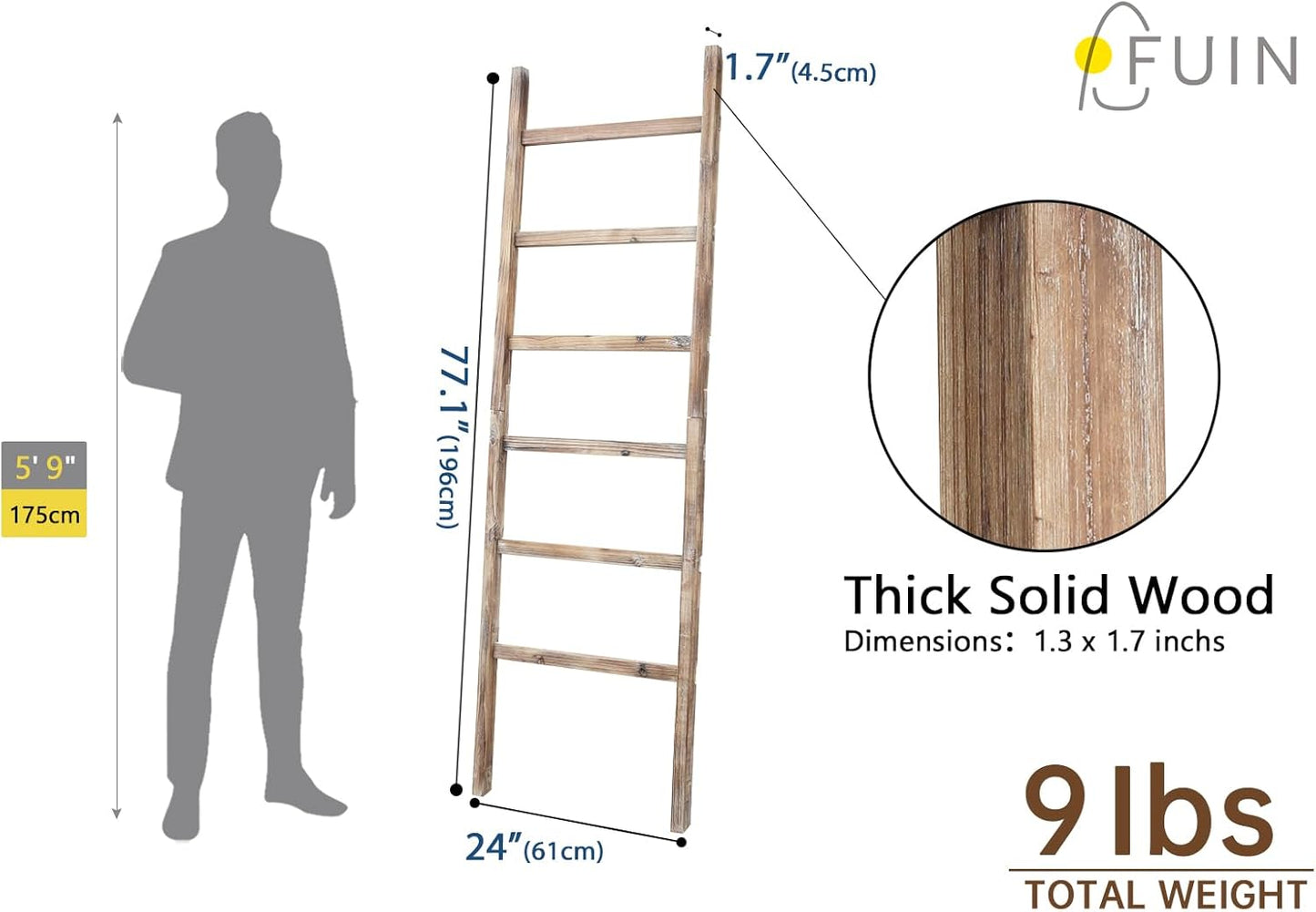 FUIN 6.4ft Extra Wide Wooden Blanket Ladder Living Room Decorative Wal Leaning Farmhouse Quilt Display Holder Rustic Wood Towel Rack for Bathroom, Burnt Brown, 24 inch Wide