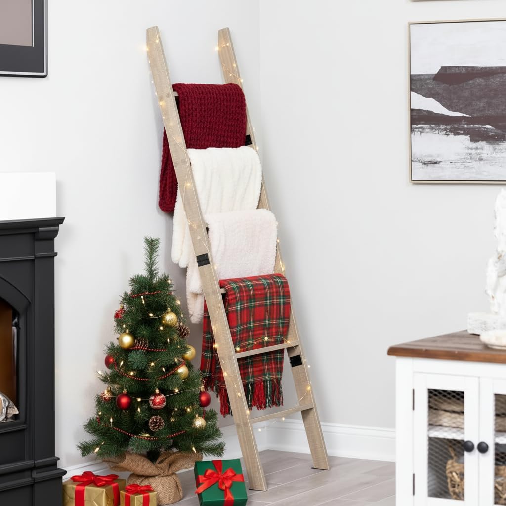 Blanket Ladder for The Living Room and Bedroom, 5ft 8 inch, 6-Tier Wall Leaning Laminate Snag Free Material (Black) Rustic Decorative Farmhouse Blanket Rack, Quilt Rack, Ladder Shelf, Easy Assembly