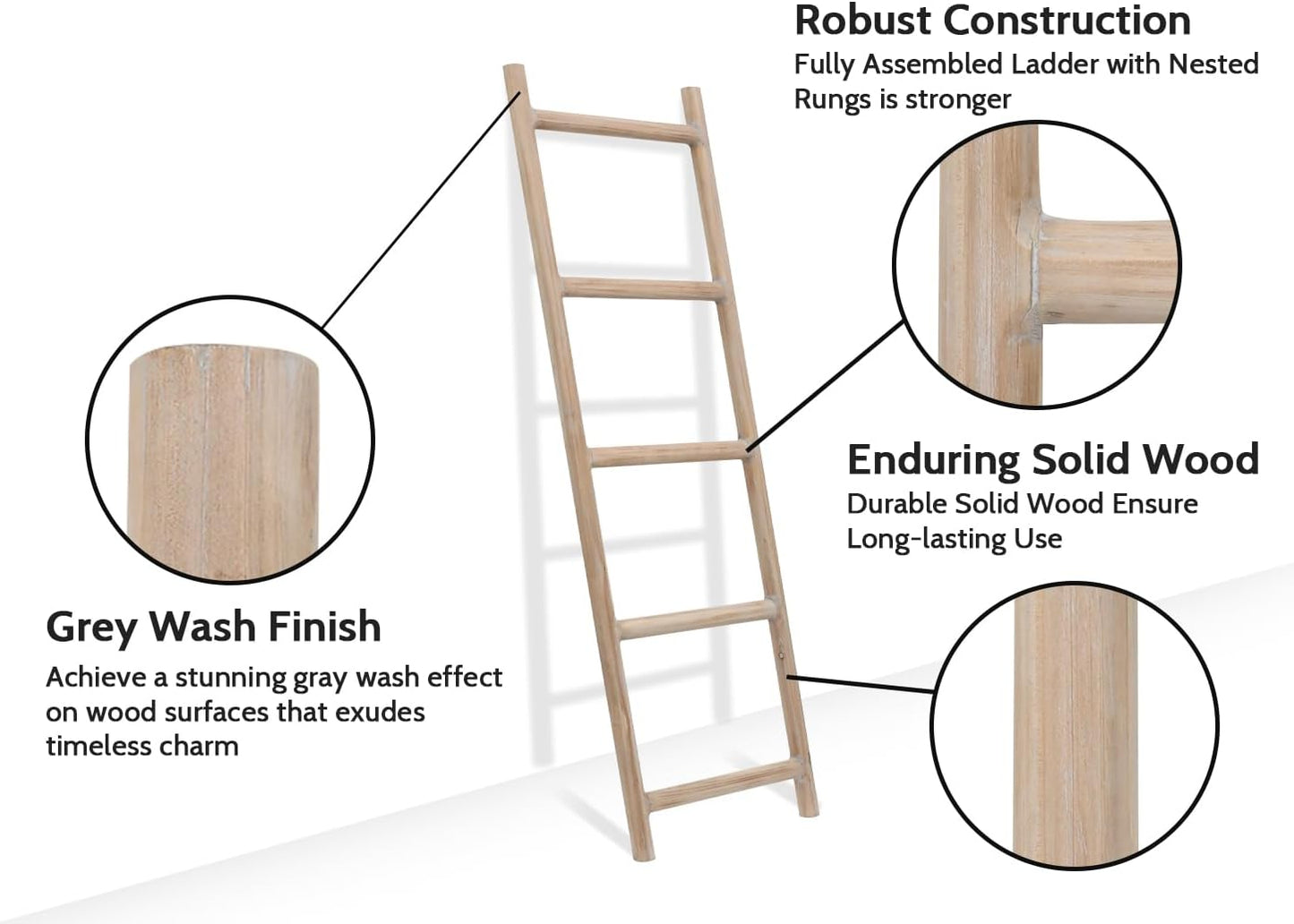 FUIN Fully Assembled 5ft Wood Blanket Ladder Living Room Decorative Wall Leaning Farmhouse Quilt Display Holder Rustic Wooden Towel Rack for Bathroom, Natural & Graywashed