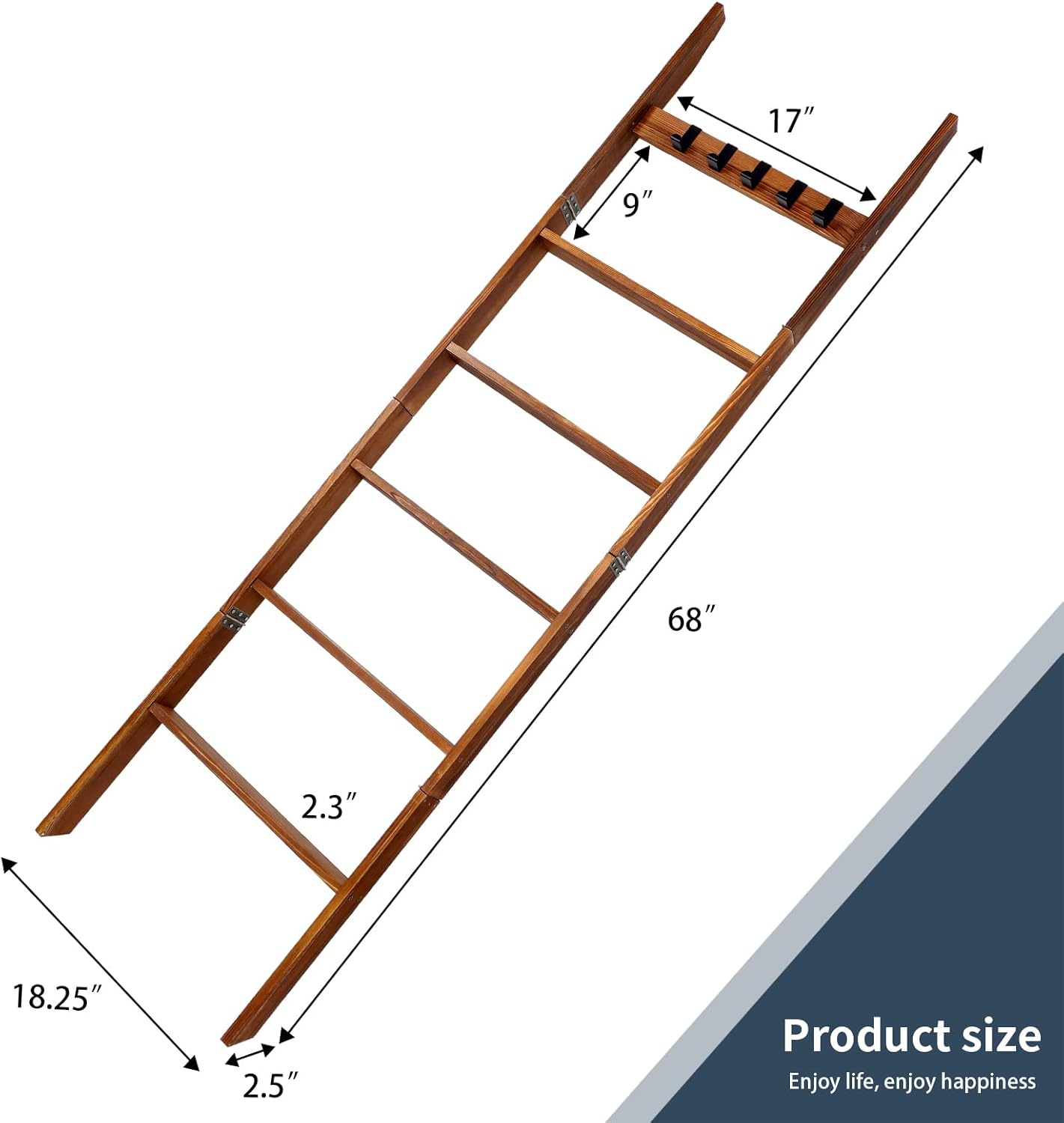 Wooden Blanket Ladder with Removable Hooks, 6-Tier 5.66 Ft (68 Inch) Rustic Blanket Rack, Blanket Ladders for Living Room & Bedroom, Easy Assembly, Perfect for Displaying Blankets & Scarves, Brown