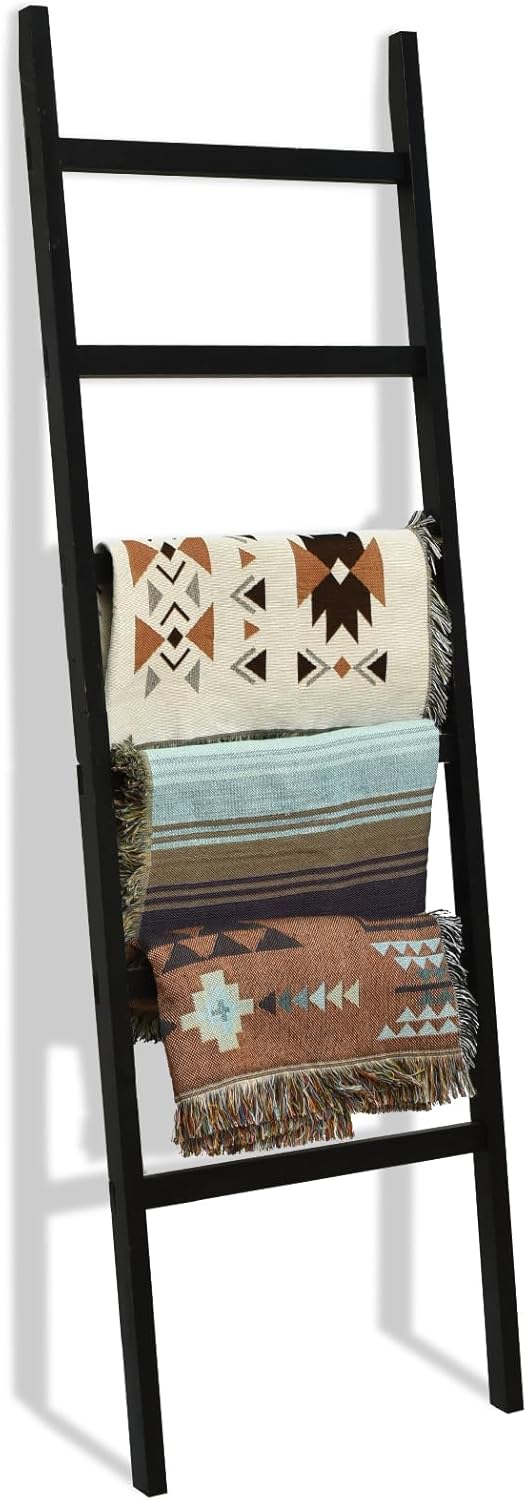 FUIN 6.4ft Extra Wide Wooden Blanket Ladder Living Room Decorative Wal Leaning Farmhouse Quilt Display Holder Rustic Wood Towel Rack for Bathroom, Burnt Brown, 24 inch Wide