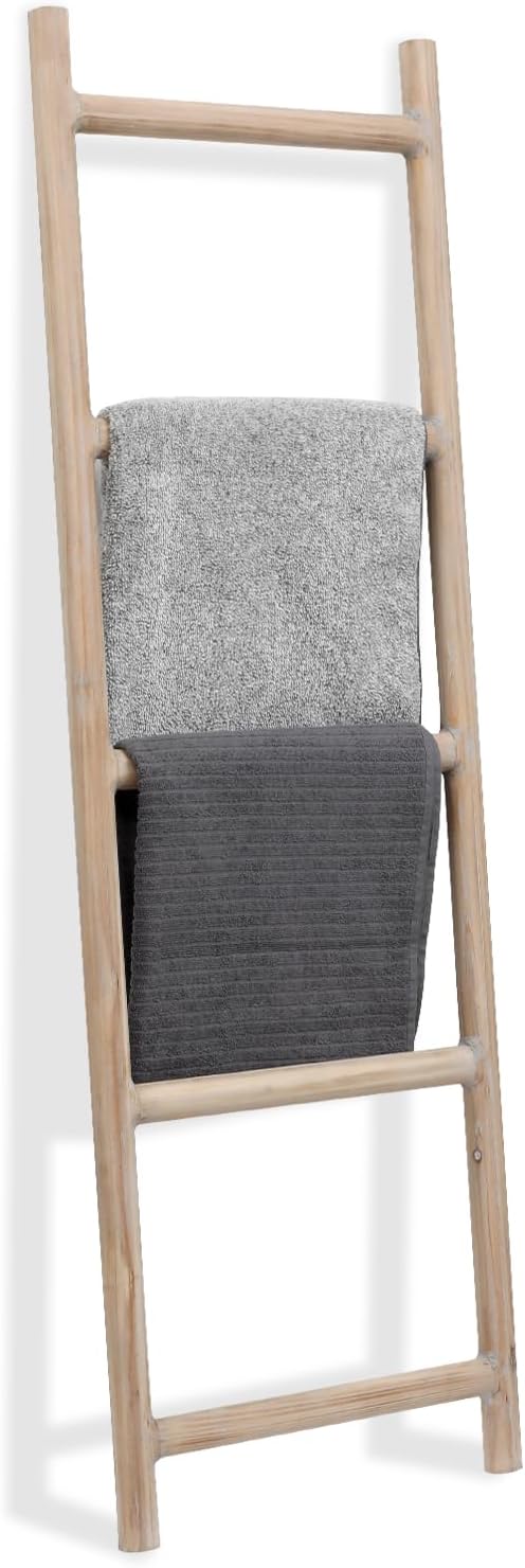 FUIN Fully Assembled 5ft Wood Blanket Ladder Living Room Decorative Wall Leaning Farmhouse Quilt Display Holder Rustic Wooden Towel Rack for Bathroom, Natural & Graywashed