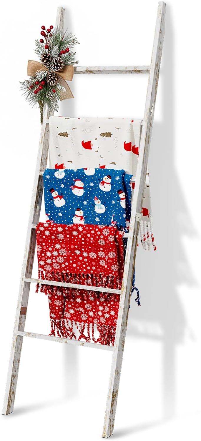 6-Tier Blanket Ladder Wooden, 5.7FT(66.5'') Blanket Quilt Towel Holder Rack Decorative Ladder, Easy Assembly, Rustic Farmhouse Ladder Shelf for The Living Room Bedroom Bathroom Home Decor, Brown