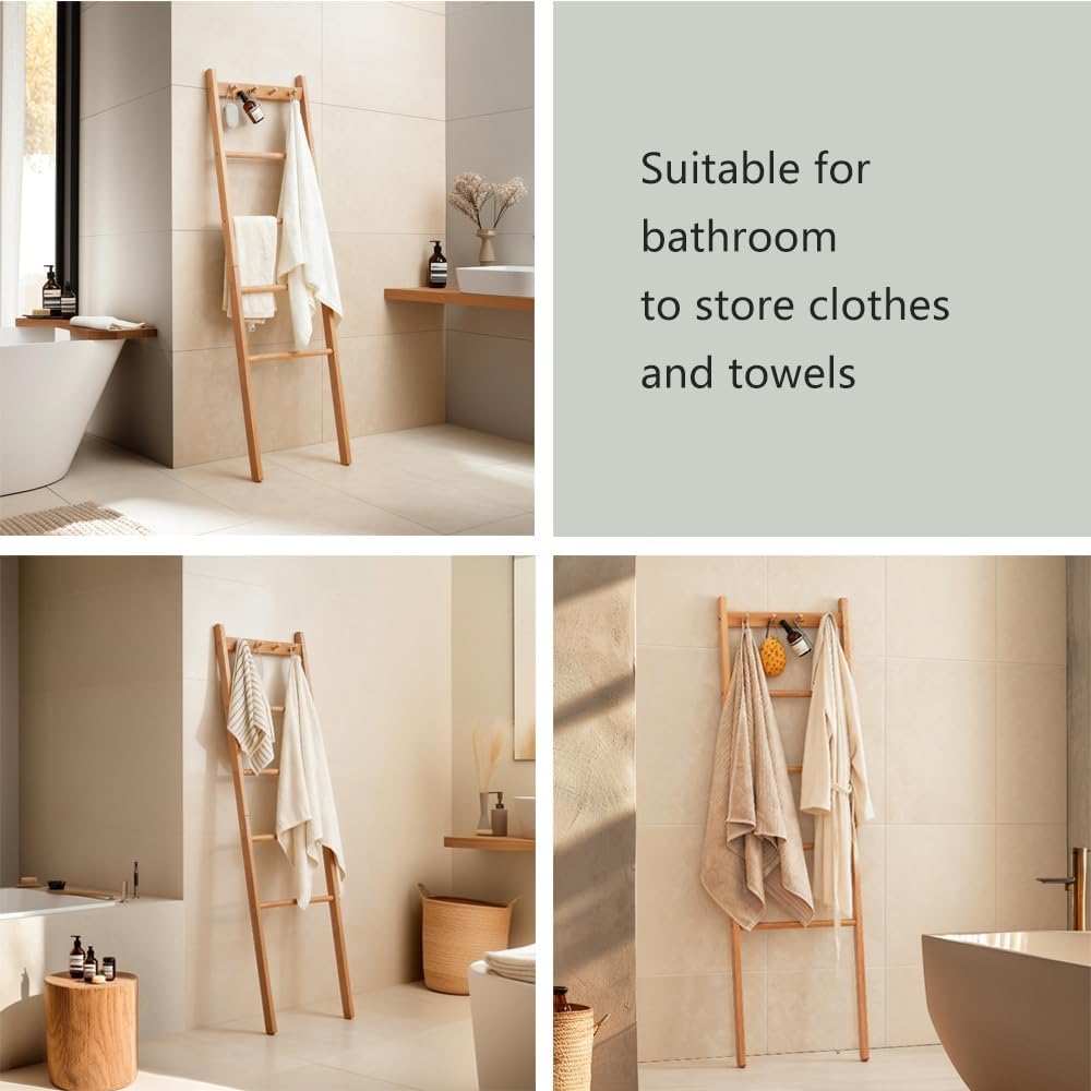 Beech Wood Blanket Ladder, 5.3ft Natural Farmhouse Quilt Holder with Top Hooks, 4-Bar Decorative Throw Rack, Towel Shelf for Living Room, Bedroom, Small Space Storage (Natural)