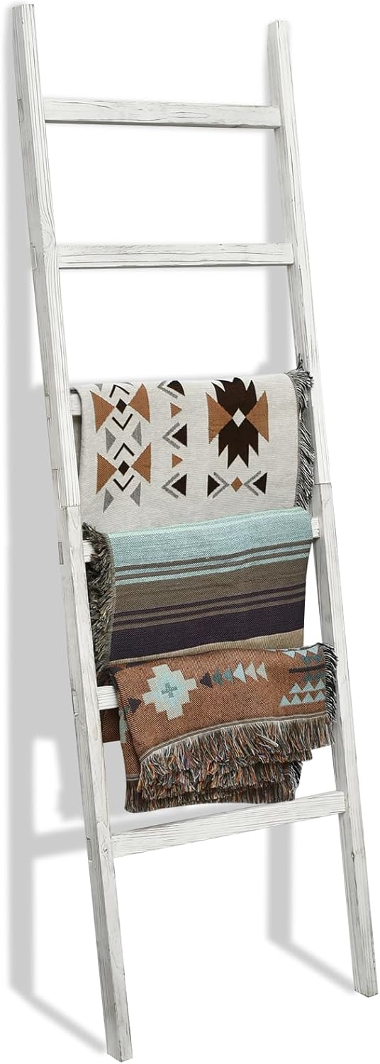 FUIN 6.4ft Extra Wide Wooden Blanket Ladder Living Room Decorative Wal Leaning Farmhouse Quilt Display Holder Rustic Wood Towel Rack for Bathroom, Burnt Brown, 24 inch Wide
