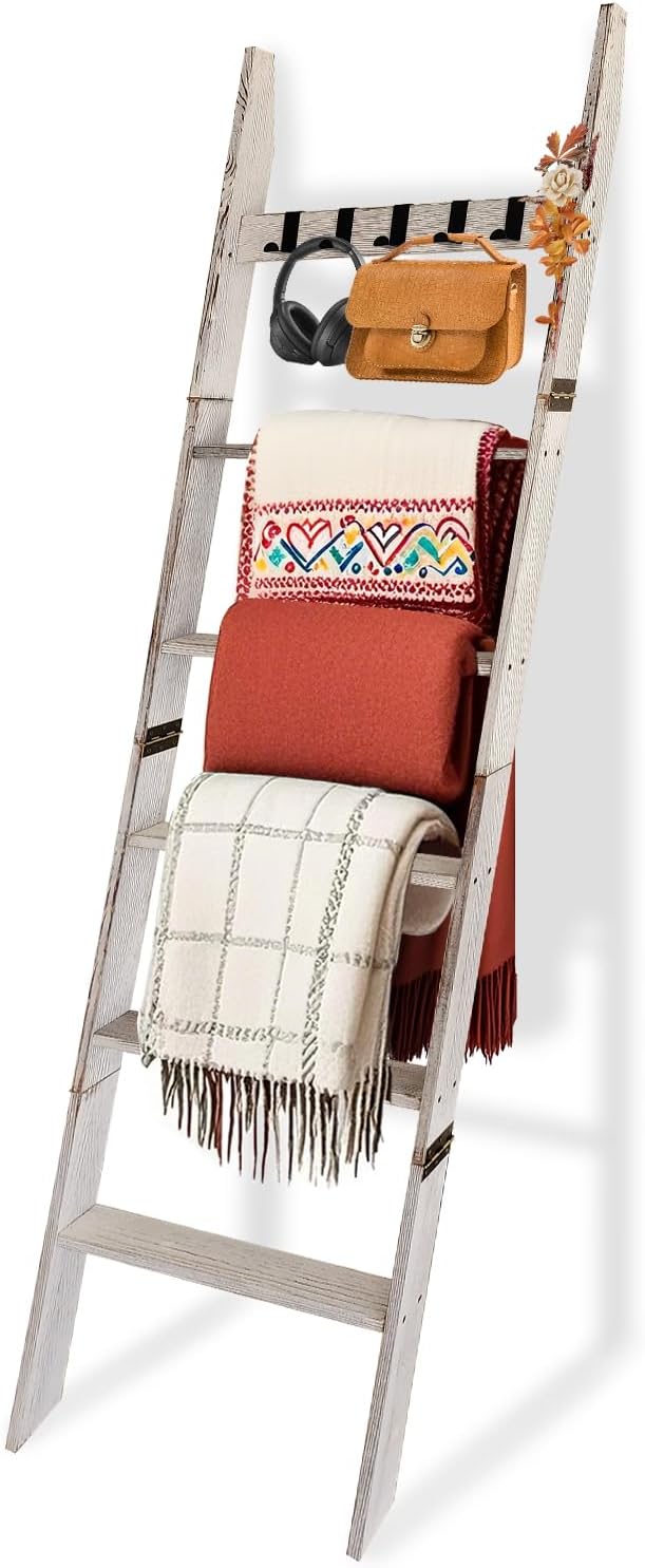 Wooden Blanket Ladder with Removable Hooks, 6-Tier 5.66 Ft (68 Inch) Rustic Blanket Rack, Blanket Ladders for Living Room & Bedroom, Easy Assembly, Perfect for Displaying Blankets & Scarves, Brown