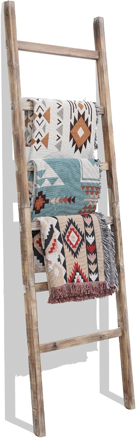 FUIN 6.4ft Extra Wide Wooden Blanket Ladder Living Room Decorative Wal Leaning Farmhouse Quilt Display Holder Rustic Wood Towel Rack for Bathroom, Burnt Brown, 24 inch Wide