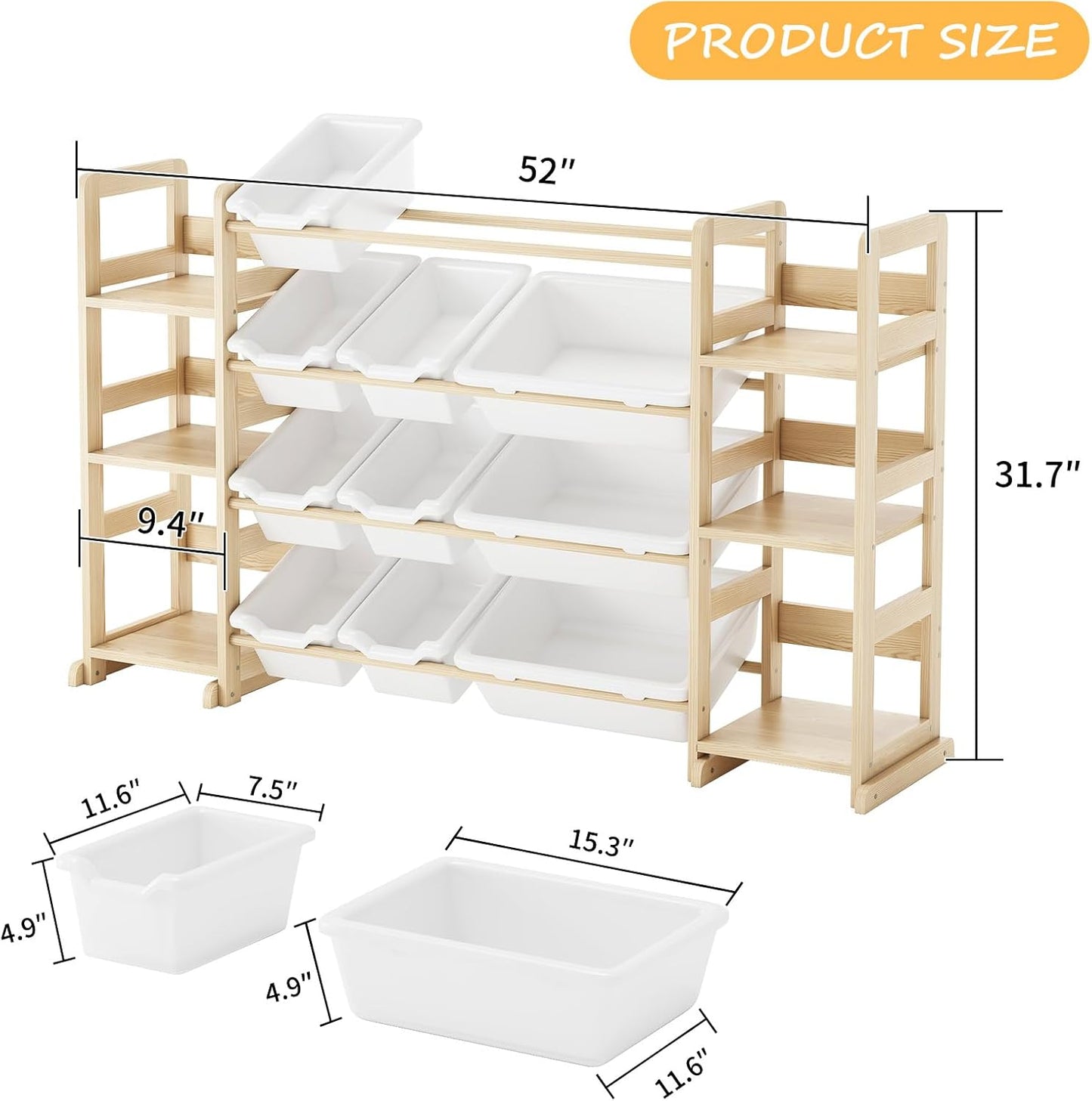 Extra Large Toy Storage - Toy Storage Organizer, Wooden Toy Organizer with 6 Side Shelves and 12 Bins, 3-in-1 Bookshelf for Kids Rooms, Playroom, Nursery, White