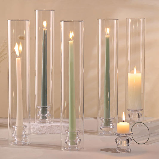 Volens Hurricane Glass Candle Holders - Set of 6 Candlestick Holders for Taper Candles with Windproof Cylinder Covers 14" Tall Clear Glass Chimney Cover for Wedding Table Centerpiece Home Decor