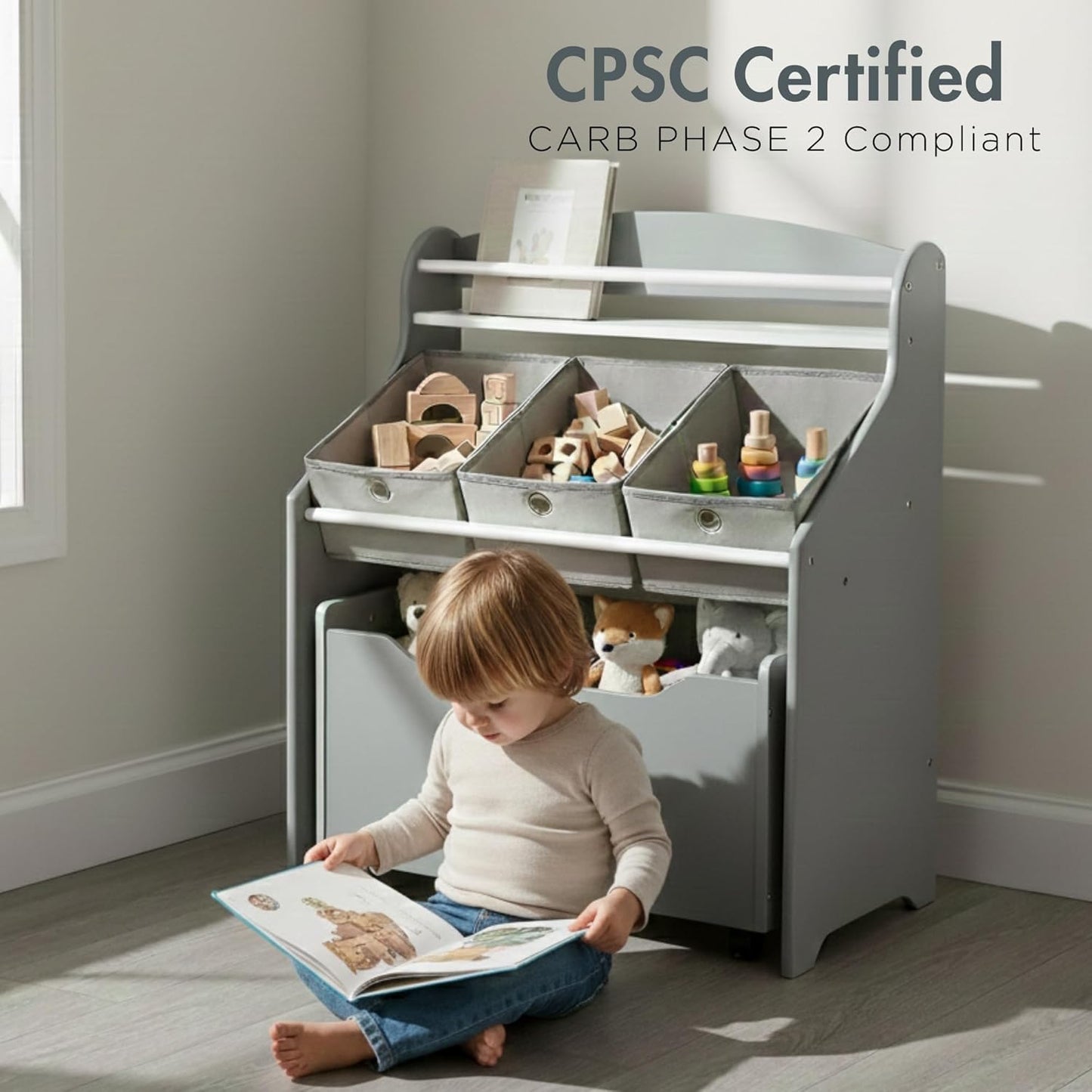 Humble Crew 3-in-1 Kids Bookshelf and Toy Storage Organizer, Grey - Toddler Organizers with Rolling Toy Box and 3 Fabric Bins – Sturdy Baby Book Shelf, Perfect for Nursery and Playroom