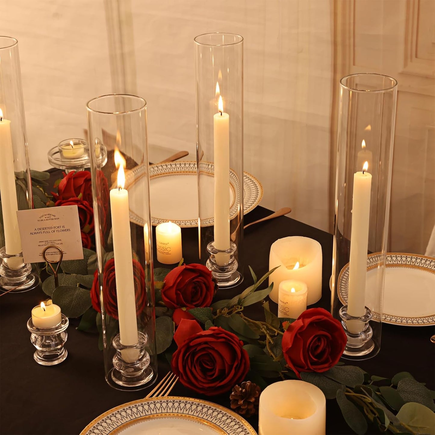 Volens Hurricane Glass Candle Holders - Set of 6 Candlestick Holders for Taper Candles with Windproof Cylinder Covers 14" Tall Clear Glass Chimney Cover for Wedding Table Centerpiece Home Decor