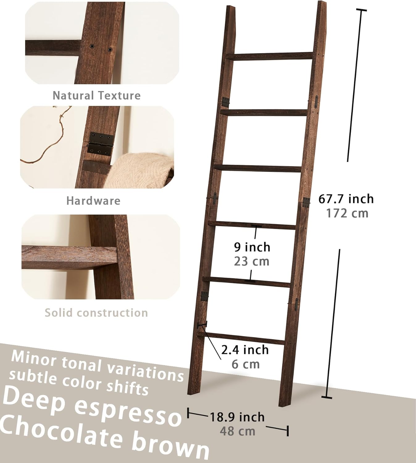 Blanket Ladder for the Living Room 6-Tier, Wooden Decorative Quilt Holder for Bed room, Wall-Leaning Towel Rack for Bathroom，Rustic Farmhouse Ladders for Display. (Dark Brown)