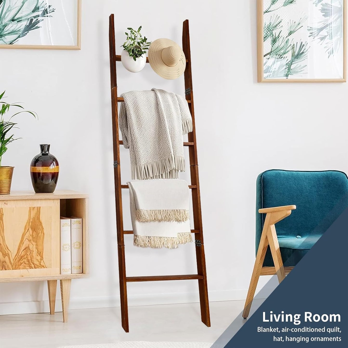 Wooden Blanket Ladder with Removable Hooks, 6-Tier 5.66 Ft (68 Inch) Rustic Blanket Rack, Blanket Ladders for Living Room & Bedroom, Easy Assembly, Perfect for Displaying Blankets & Scarves, Brown