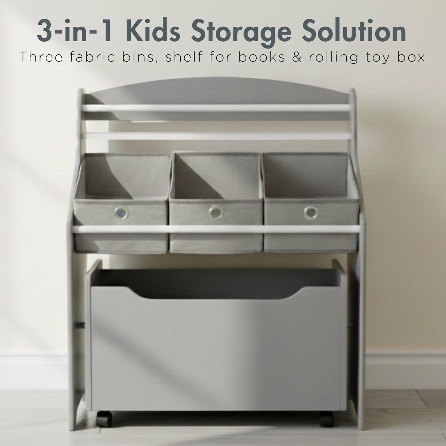 Humble Crew 3-in-1 Kids Bookshelf and Toy Storage Organizer, Grey - Toddler Organizers with Rolling Toy Box and 3 Fabric Bins – Sturdy Baby Book Shelf, Perfect for Nursery and Playroom