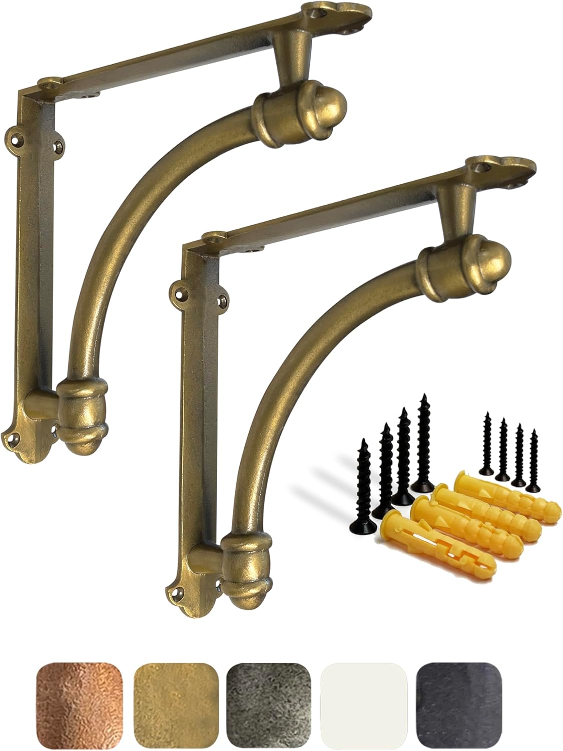 NACH Decorative Shelf Brackets, 4 Pack of 5.5 x 1.2 x 5.5 inch Gold Brackets - Cast Iron Shelf Brackets for Mounting - Half Round Style Decorative Brackets