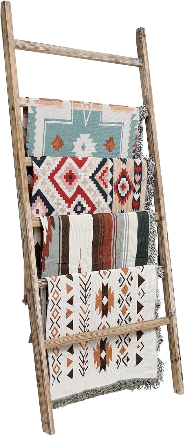 FUIN 6.4ft Extra Wide Wooden Blanket Ladder Living Room Decorative Wal Leaning Farmhouse Quilt Display Holder Rustic Wood Towel Rack for Bathroom, Burnt Brown, 24 inch Wide