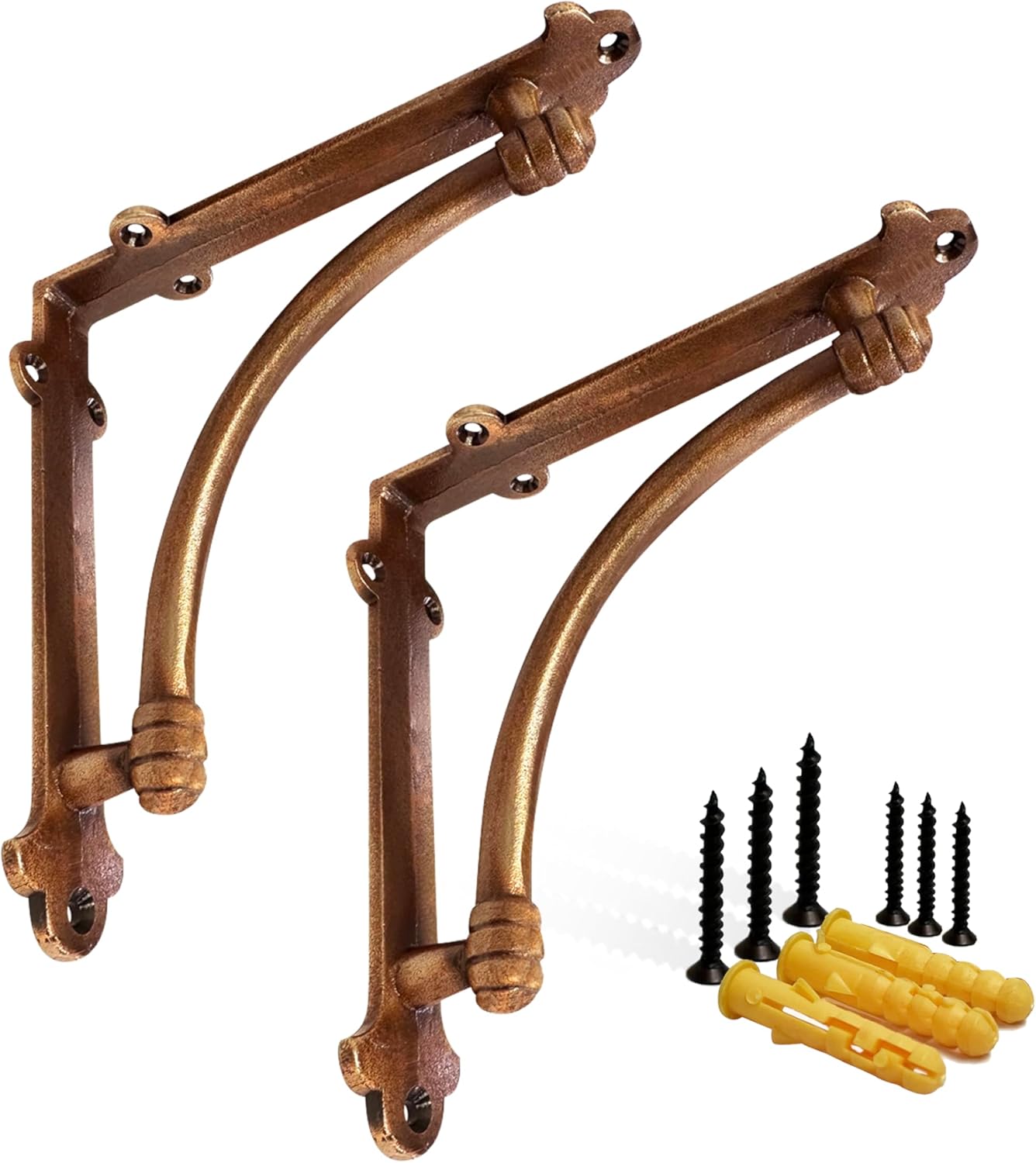 NACH Decorative Shelf Brackets, 4 Pack of 5.5 x 1.2 x 5.5 inch Gold Brackets - Cast Iron Shelf Brackets for Mounting - Half Round Style Decorative Brackets