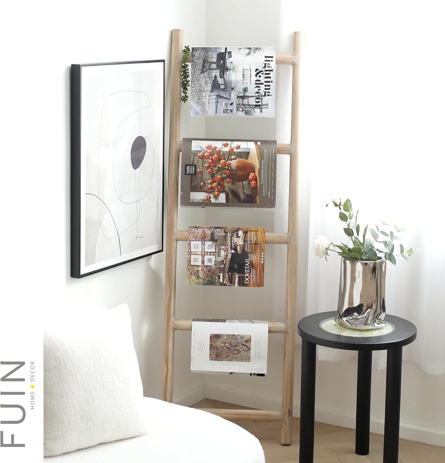 FUIN Fully Assembled 5ft Wood Blanket Ladder Living Room Decorative Wall Leaning Farmhouse Quilt Display Holder Rustic Wooden Towel Rack for Bathroom, Natural & Graywashed