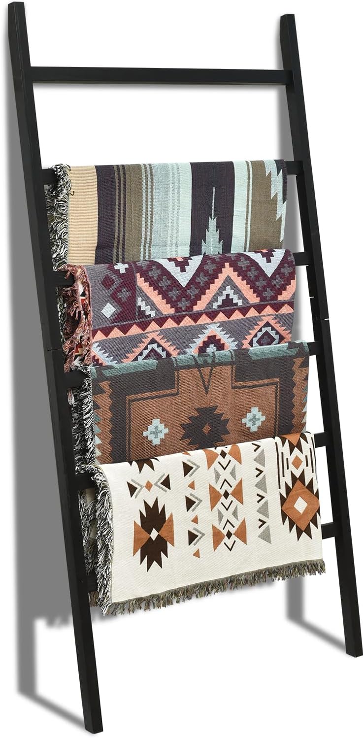 FUIN 6.4ft Extra Wide Wooden Blanket Ladder Living Room Decorative Wal Leaning Farmhouse Quilt Display Holder Rustic Wood Towel Rack for Bathroom, Burnt Brown, 24 inch Wide