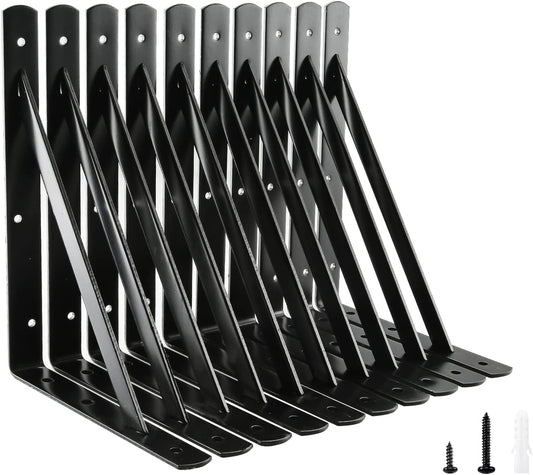 HOME MASTER HARDWARE 12 inch x 8 inch Heavy Duty Shelf Brackets, Load Capacity: 600lb, Black Metal 90 Degree Supports for Shelves 10-Pack, Wall Mounted L Bracket for Floating Shelving with Screws