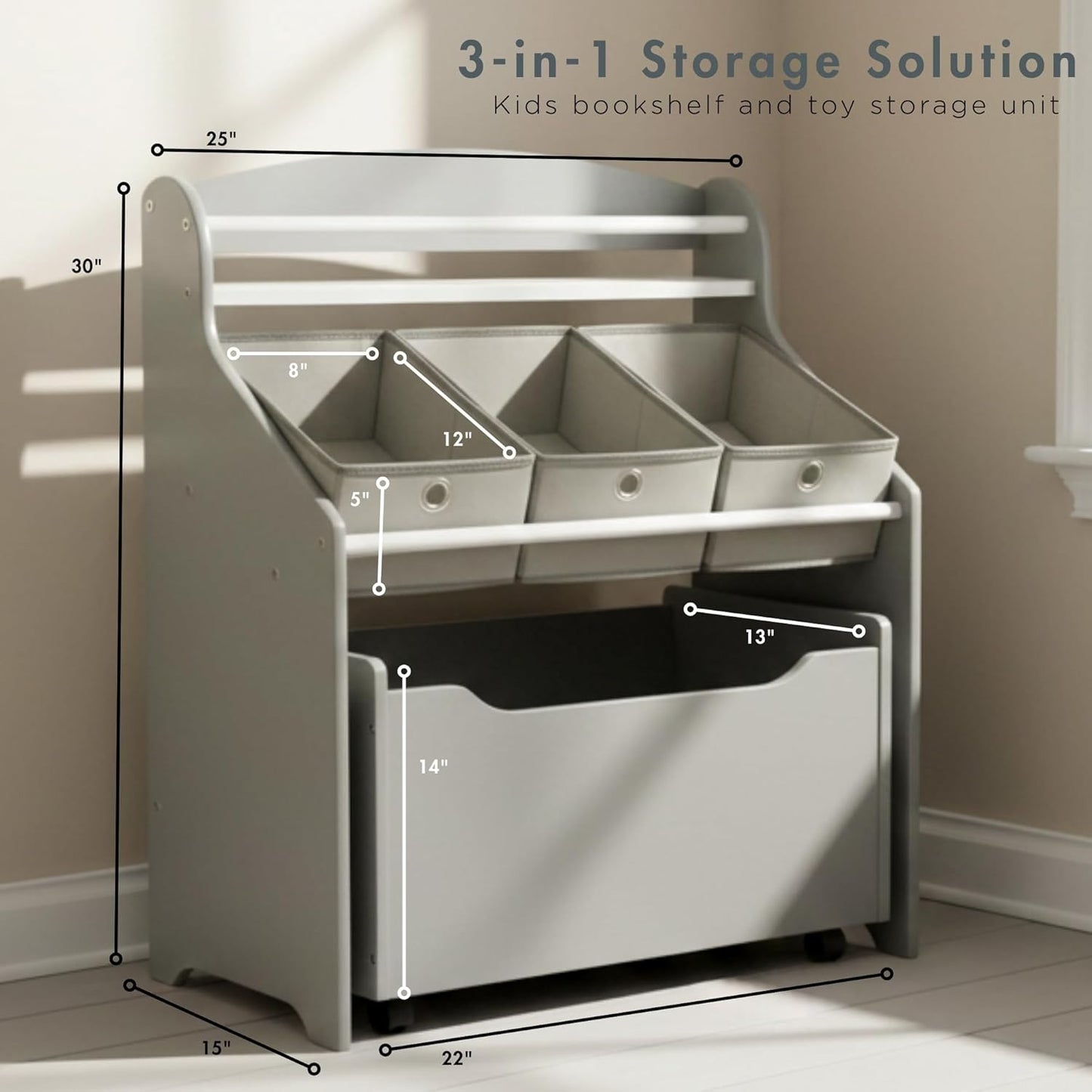 Humble Crew 3-in-1 Kids Bookshelf and Toy Storage Organizer, Grey - Toddler Organizers with Rolling Toy Box and 3 Fabric Bins – Sturdy Baby Book Shelf, Perfect for Nursery and Playroom