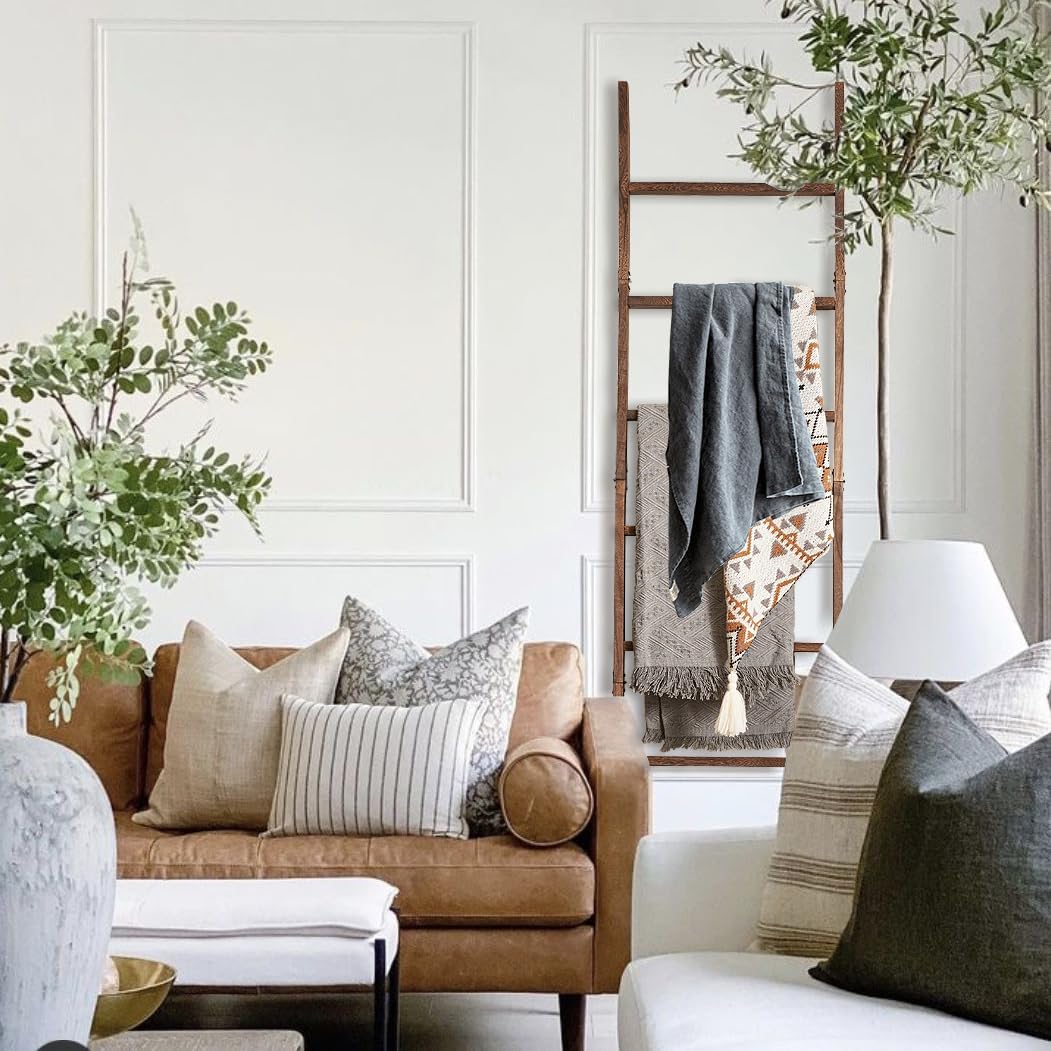 Blanket Ladder for the Living Room 6-Tier, Wooden Decorative Quilt Holder for Bed room, Wall-Leaning Towel Rack for Bathroom，Rustic Farmhouse Ladders for Display. (Dark Brown)