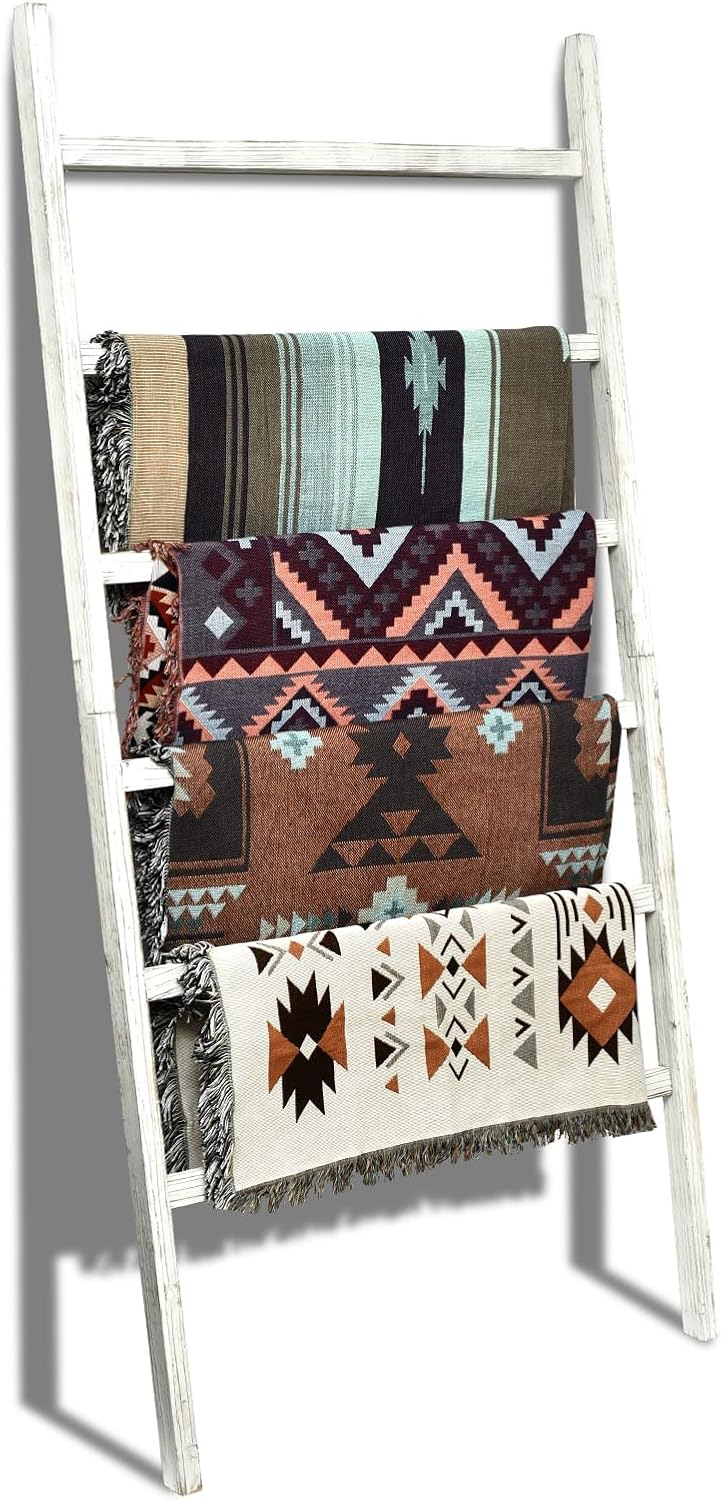 FUIN 6.4ft Extra Wide Wooden Blanket Ladder Living Room Decorative Wal Leaning Farmhouse Quilt Display Holder Rustic Wood Towel Rack for Bathroom, Burnt Brown, 24 inch Wide