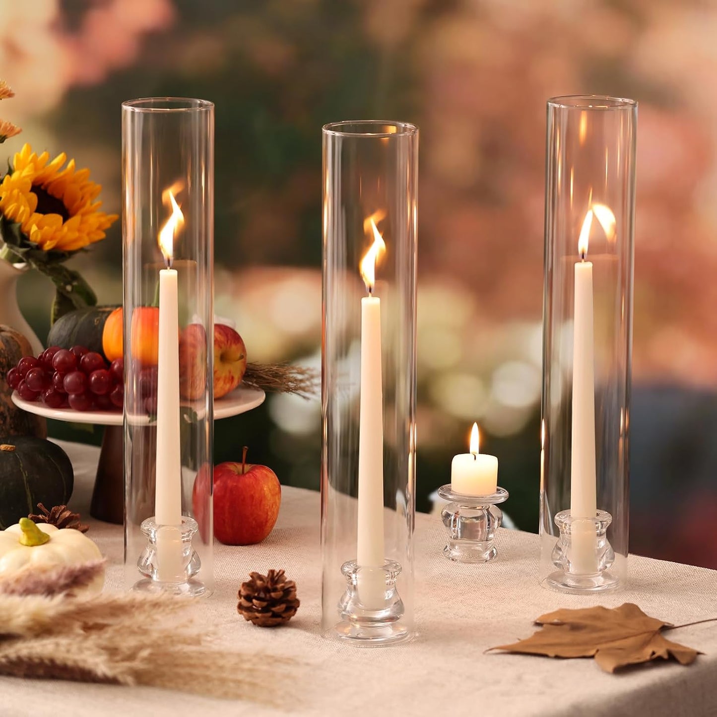 Volens Hurricane Glass Candle Holders - Set of 6 Candlestick Holders for Taper Candles with Windproof Cylinder Covers 14" Tall Clear Glass Chimney Cover for Wedding Table Centerpiece Home Decor