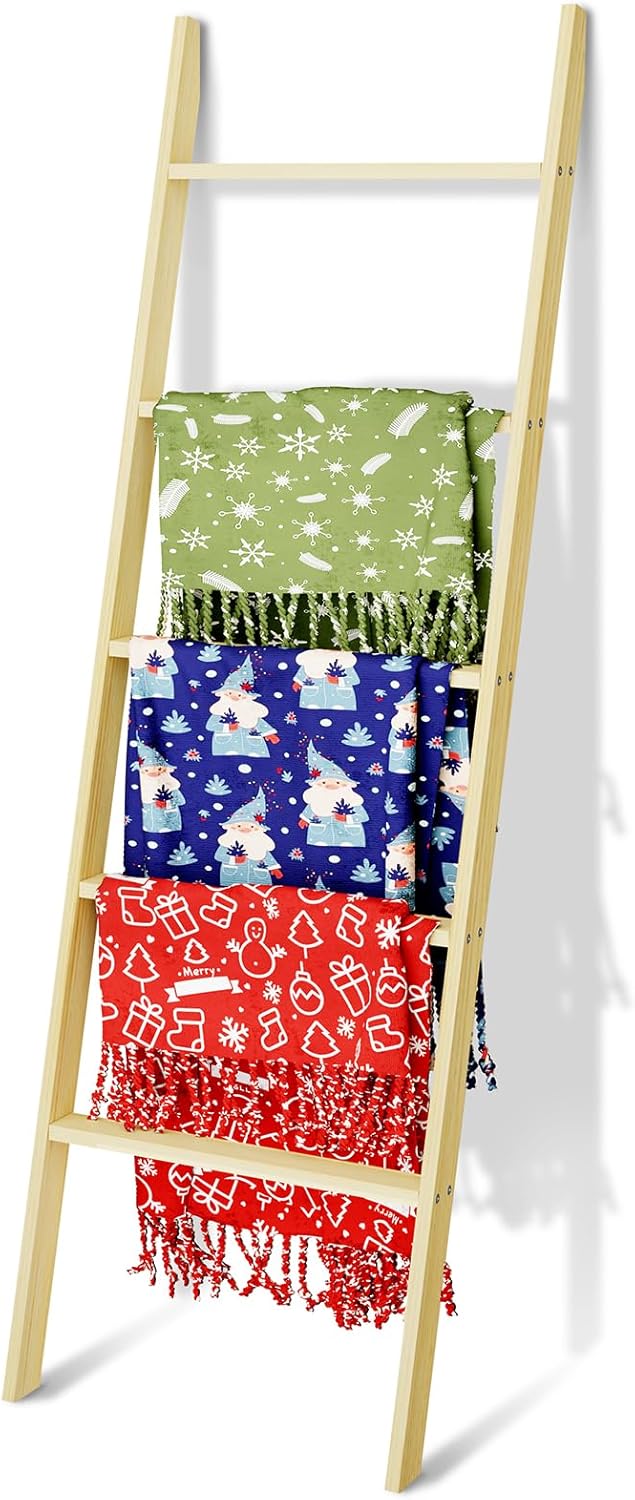 6-Tier Blanket Ladder Wooden, 5.7FT(66.5'') Blanket Quilt Towel Holder Rack Decorative Ladder, Easy Assembly, Rustic Farmhouse Ladder Shelf for The Living Room Bedroom Bathroom Home Decor, Brown