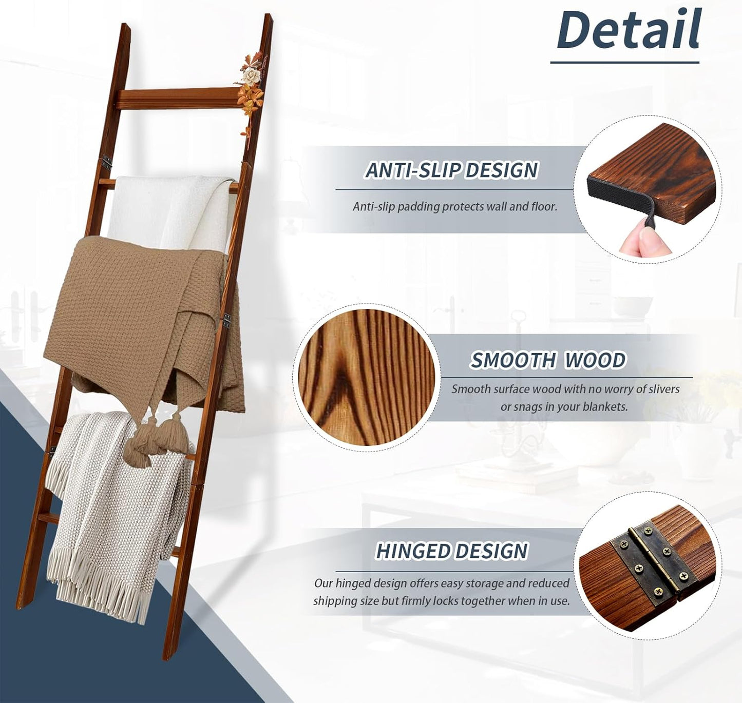 Wooden Blanket Ladder with Removable Hooks, 6-Tier 5.66 Ft (68 Inch) Rustic Blanket Rack, Blanket Ladders for Living Room & Bedroom, Easy Assembly, Perfect for Displaying Blankets & Scarves, Brown