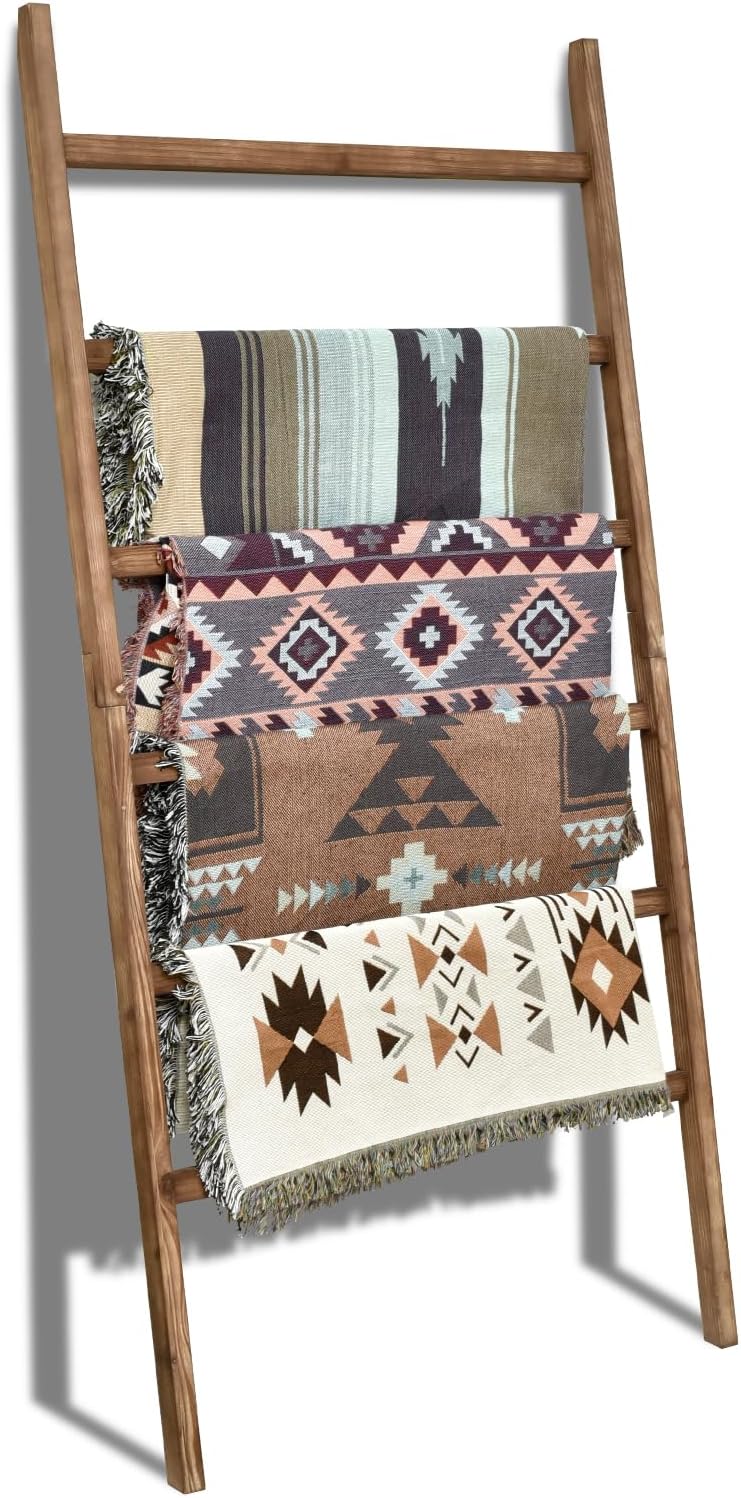 FUIN 6.4ft Extra Wide Wooden Blanket Ladder Living Room Decorative Wal Leaning Farmhouse Quilt Display Holder Rustic Wood Towel Rack for Bathroom, Burnt Brown, 24 inch Wide