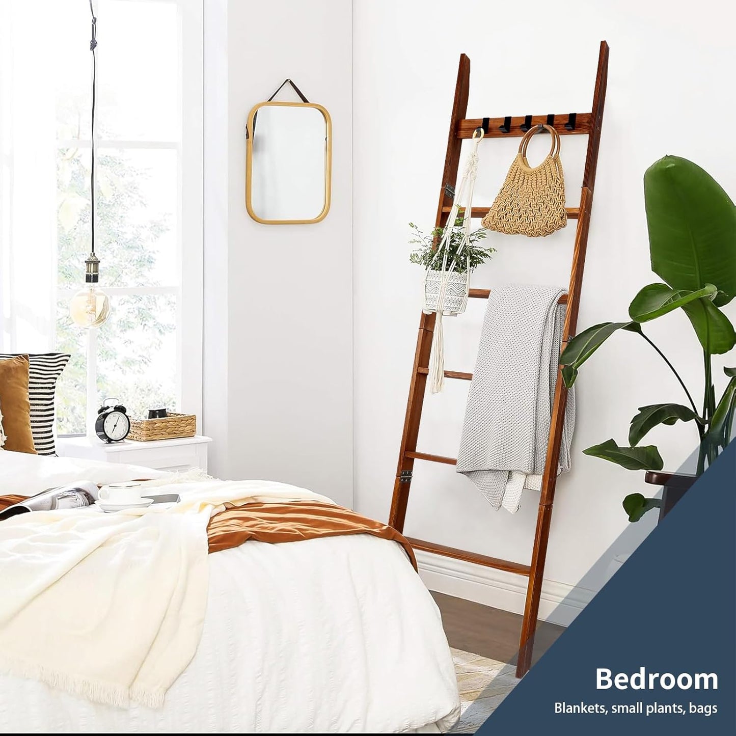 Wooden Blanket Ladder with Removable Hooks, 6-Tier 5.66 Ft (68 Inch) Rustic Blanket Rack, Blanket Ladders for Living Room & Bedroom, Easy Assembly, Perfect for Displaying Blankets & Scarves, Brown