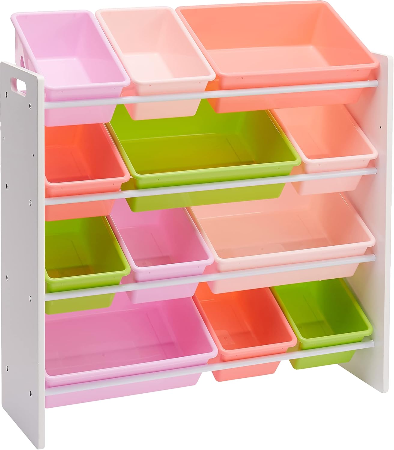 Amazon Basics Kids Toy Storage Organizer With 12 Plastic Bins, Natural Wood With Bright Bins, 10.9" D x 33.6" W x 31.1" H