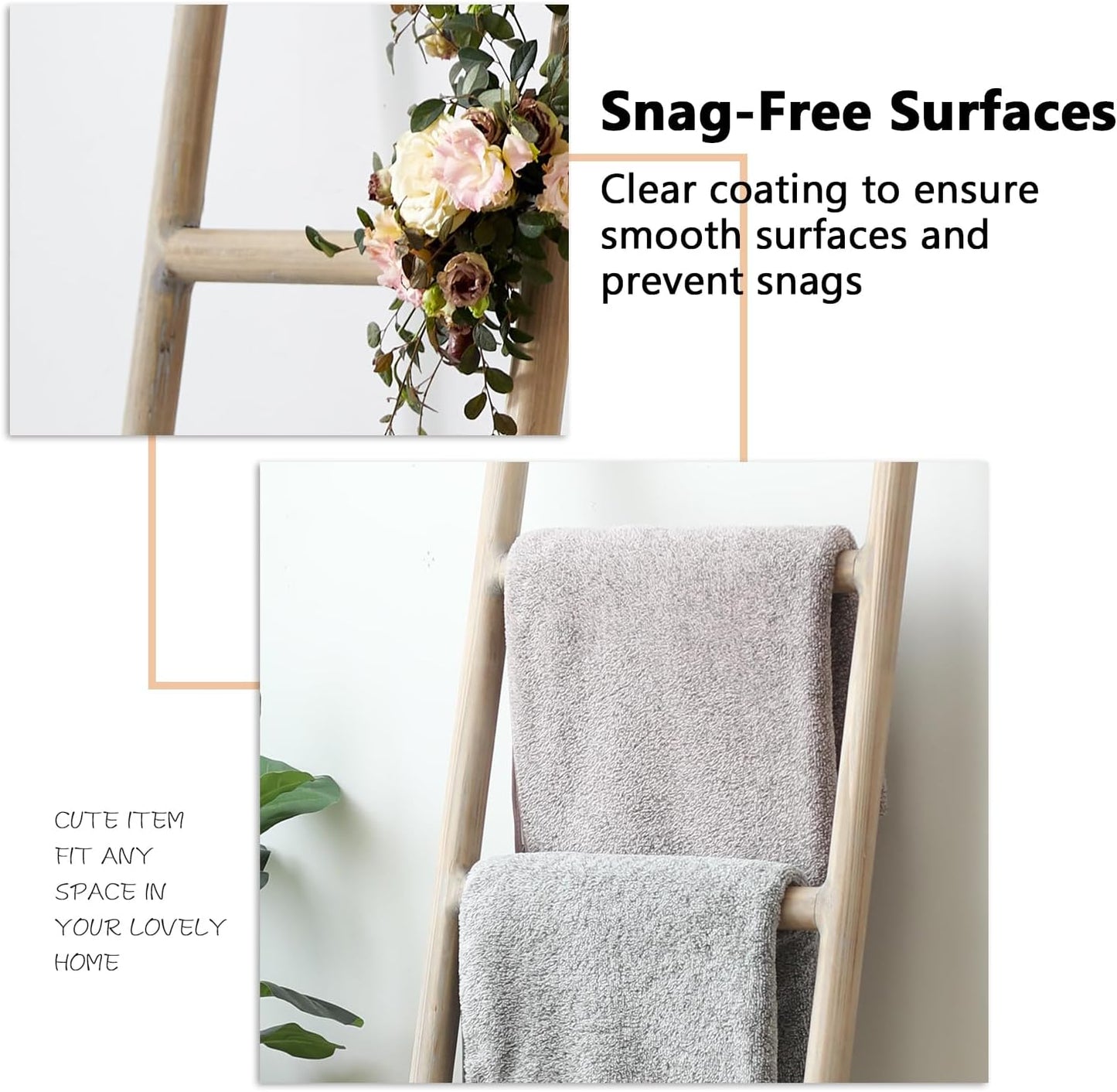 FUIN Fully Assembled 5ft Wood Blanket Ladder Living Room Decorative Wall Leaning Farmhouse Quilt Display Holder Rustic Wooden Towel Rack for Bathroom, Natural & Graywashed