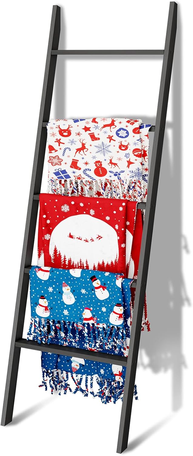 6-Tier Blanket Ladder Wooden, 5.7FT(66.5'') Blanket Quilt Towel Holder Rack Decorative Ladder, Easy Assembly, Rustic Farmhouse Ladder Shelf for The Living Room Bedroom Bathroom Home Decor, Brown