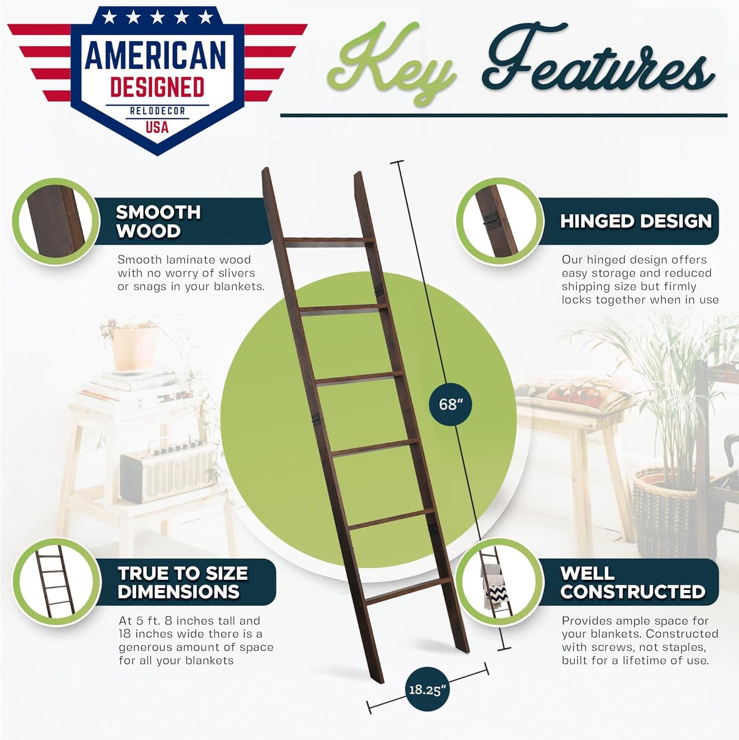 Blanket Ladder for Living Room and Bedroom, 5ft 8 inch, 6-Tier Wall Leaning Laminate Snag Free Construction (Rustic Hickory) Rustic Decorative Farmhouse Blanket Storage, Quilt Rack, Ladder Shelf