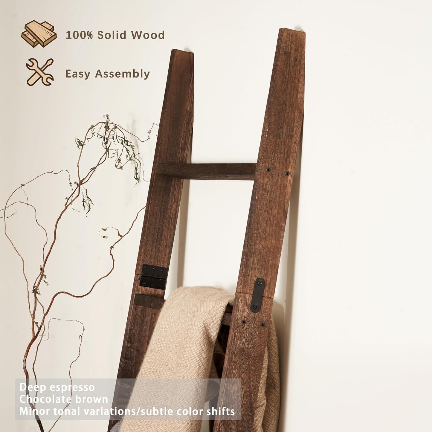 Blanket Ladder for the Living Room 6-Tier, Wooden Decorative Quilt Holder for Bed room, Wall-Leaning Towel Rack for Bathroom，Rustic Farmhouse Ladders for Display. (Dark Brown)