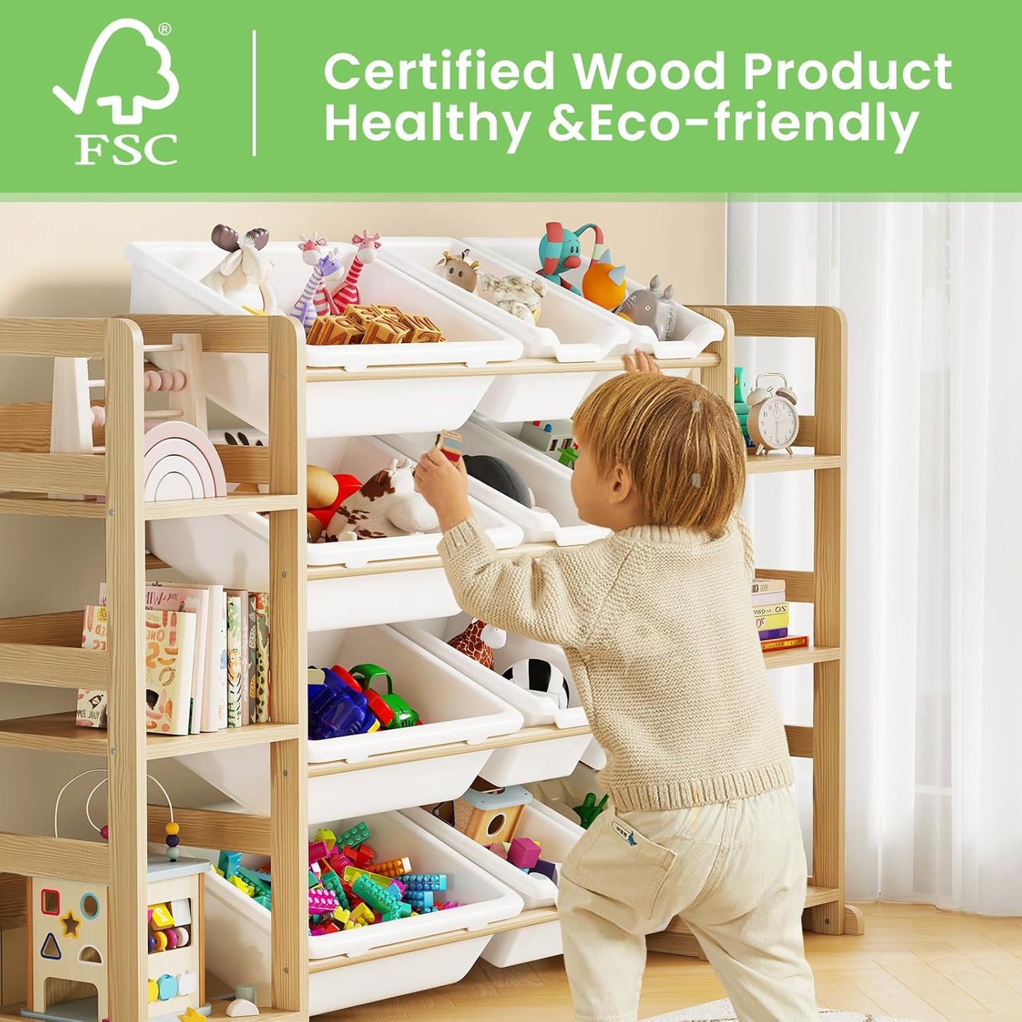 Extra Large Toy Storage - Toy Storage Organizer, Wooden Toy Organizer with 6 Side Shelves and 12 Bins, 3-in-1 Bookshelf for Kids Rooms, Playroom, Nursery, White