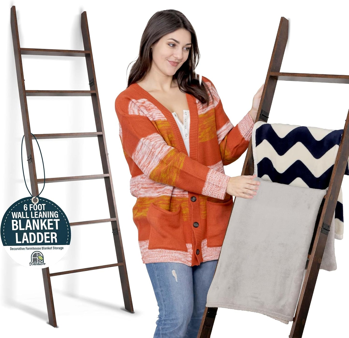 Blanket Ladder for Living Room and Bedroom, 5ft 8 inch, 6-Tier Wall Leaning Laminate Snag Free Construction (Rustic Hickory) Rustic Decorative Farmhouse Blanket Storage, Quilt Rack, Ladder Shelf